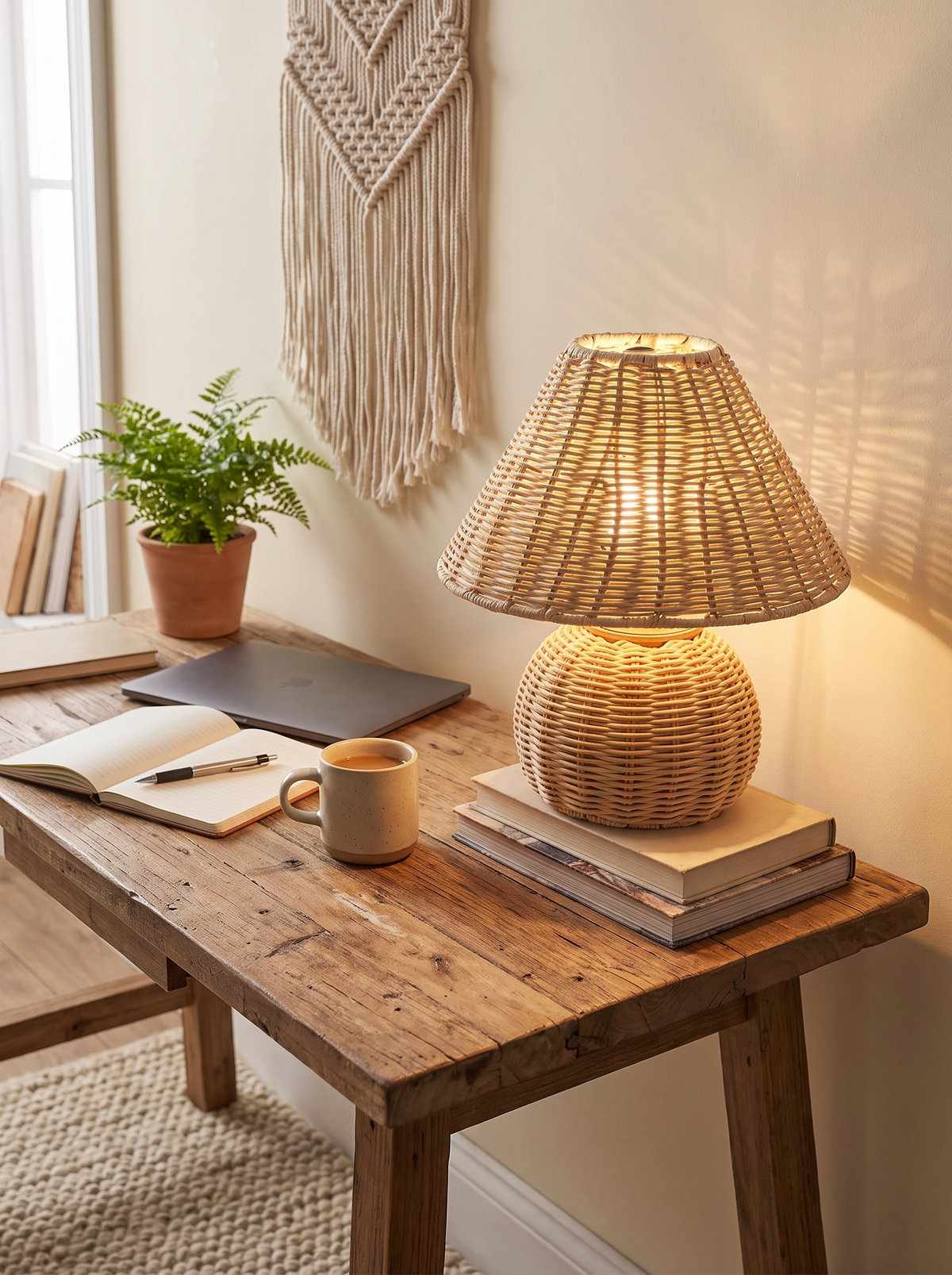 Bamboo Woven Desk Lamp boho texture on a desk