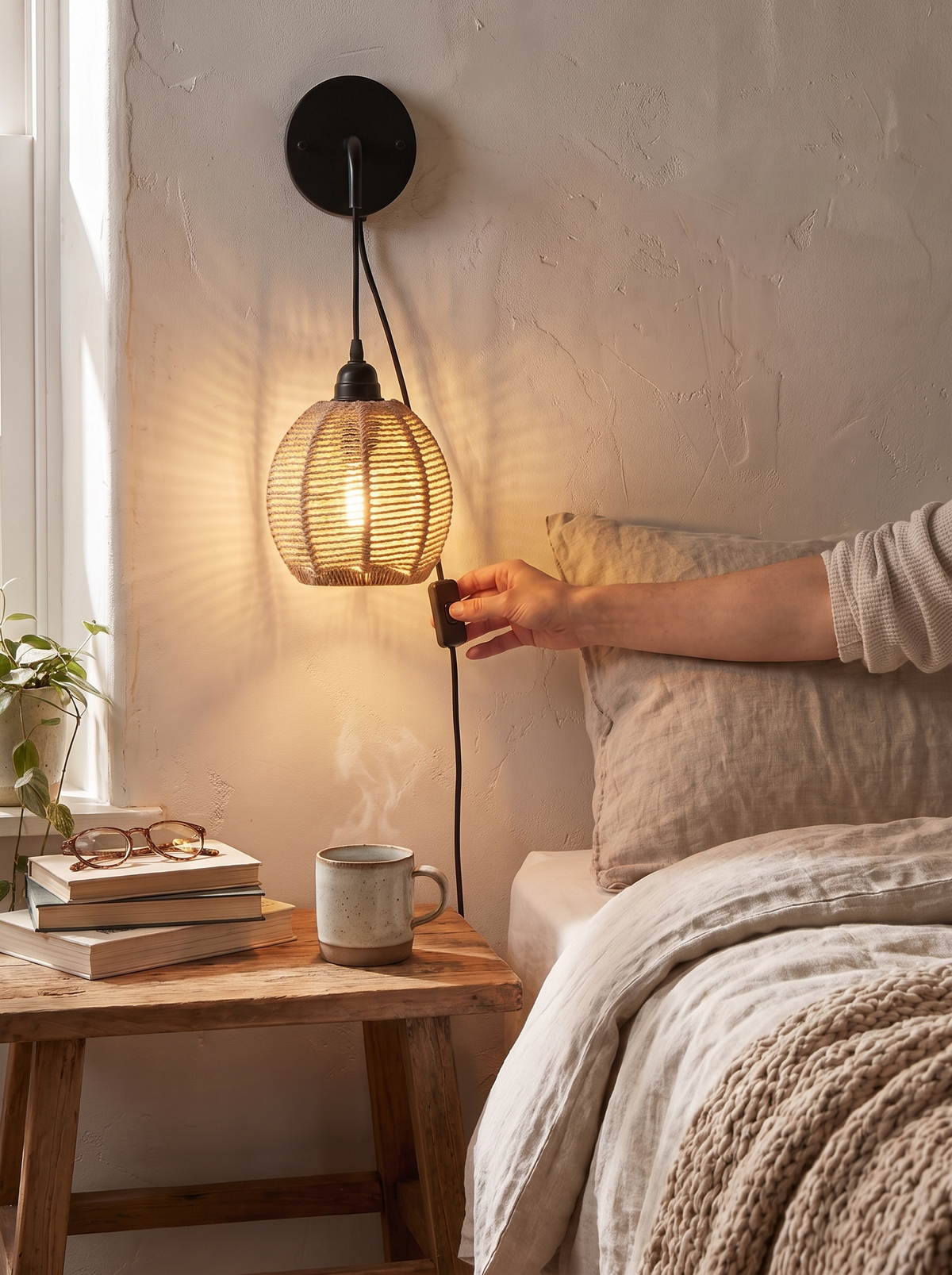 Boho Rattan Wall Lamp shadow patterns