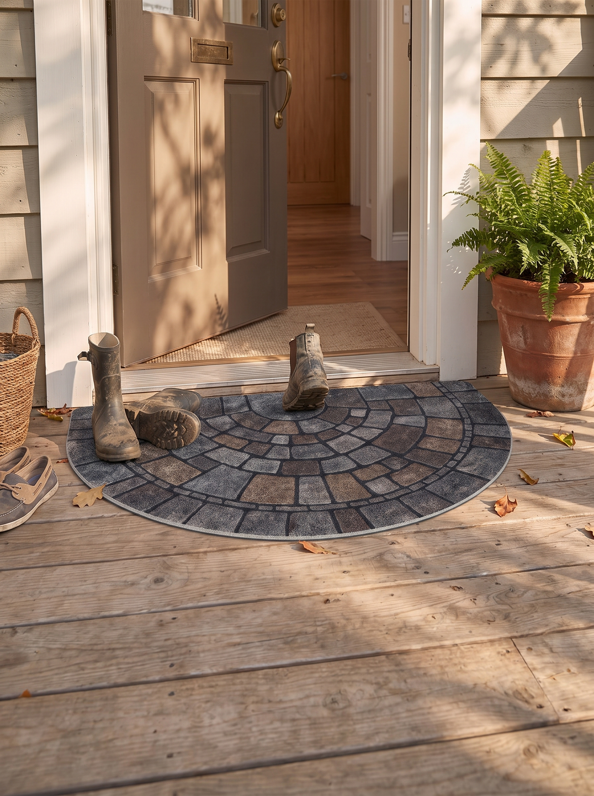 Half Circle Mosaic Door Mat at a front doorstep