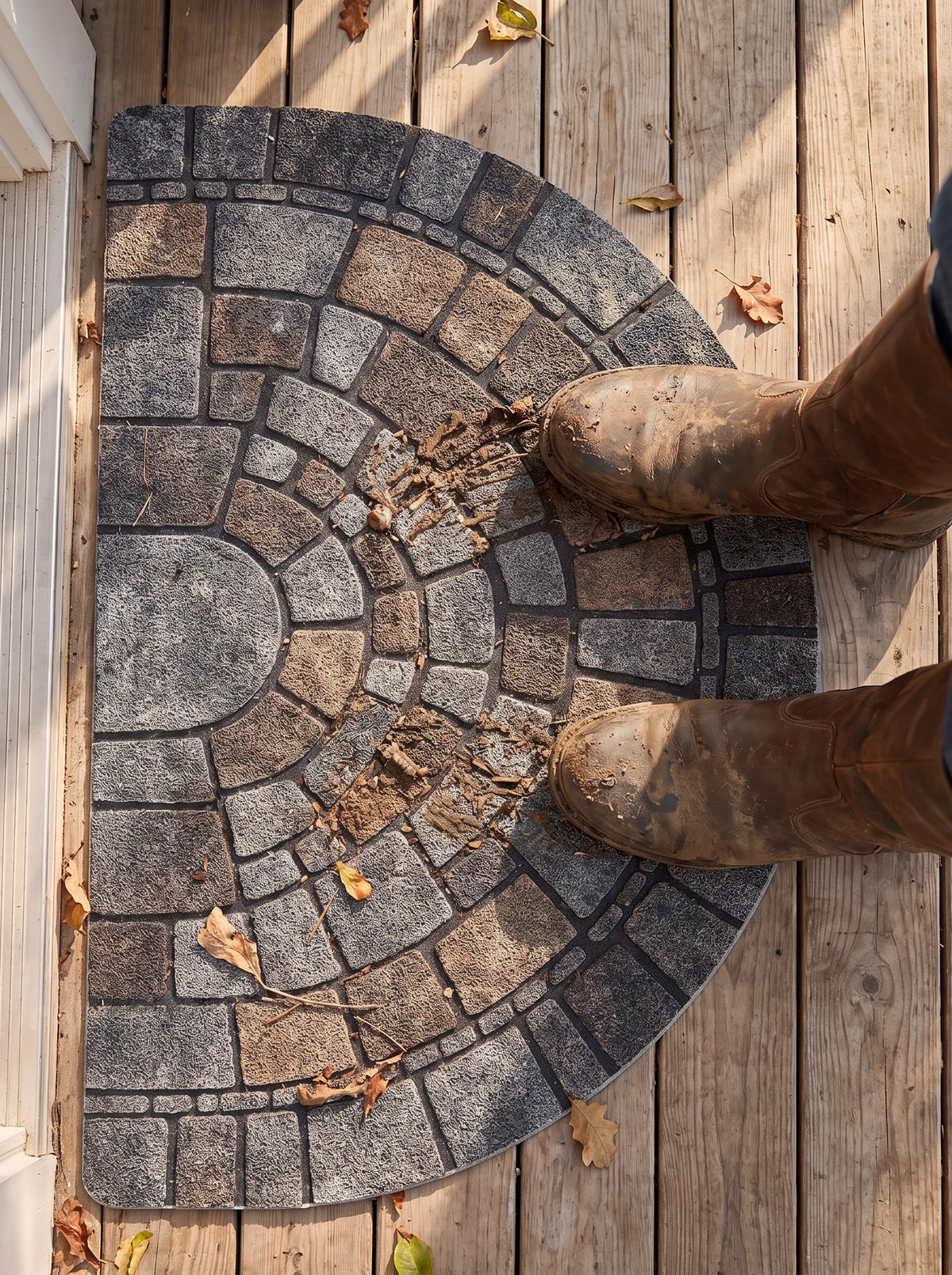 Half Circle Mosaic Door Mat seen from above as shoes wipe across it