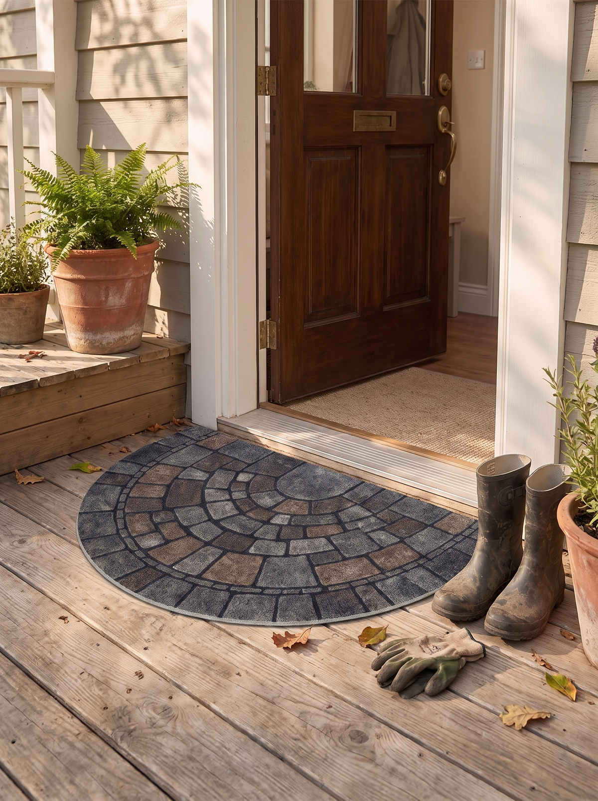 Half Circle Mosaic Door Mat curved against a door frame in a porch