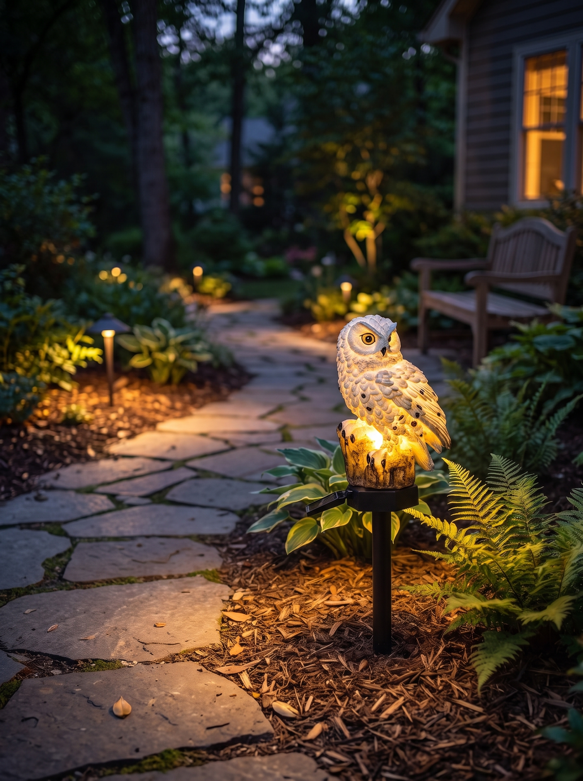 Solar Owl Garden Light glowing along a path at dusk