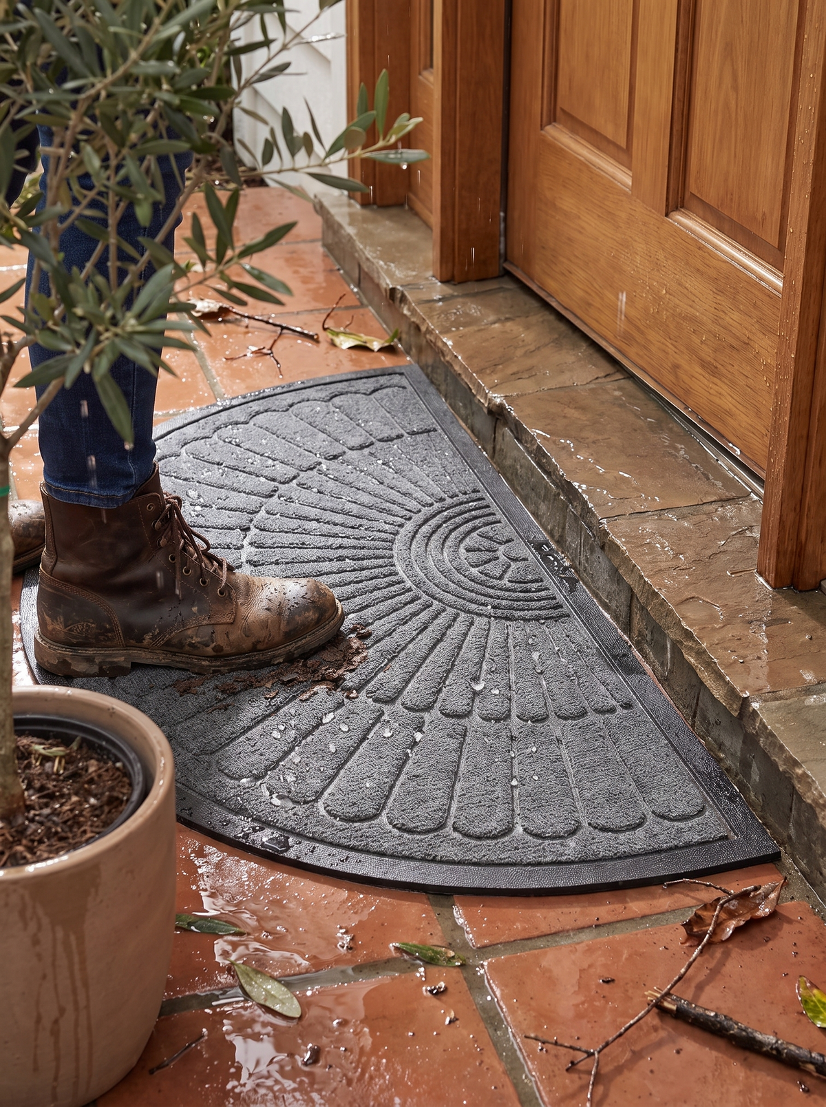 Semi Circular Rubber Door Mat gripping wet tiles