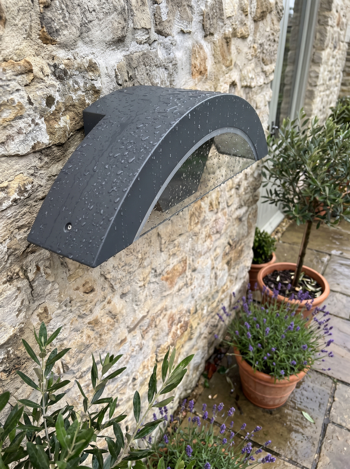 Modern Outdoor Wall Light with water droplets after rain