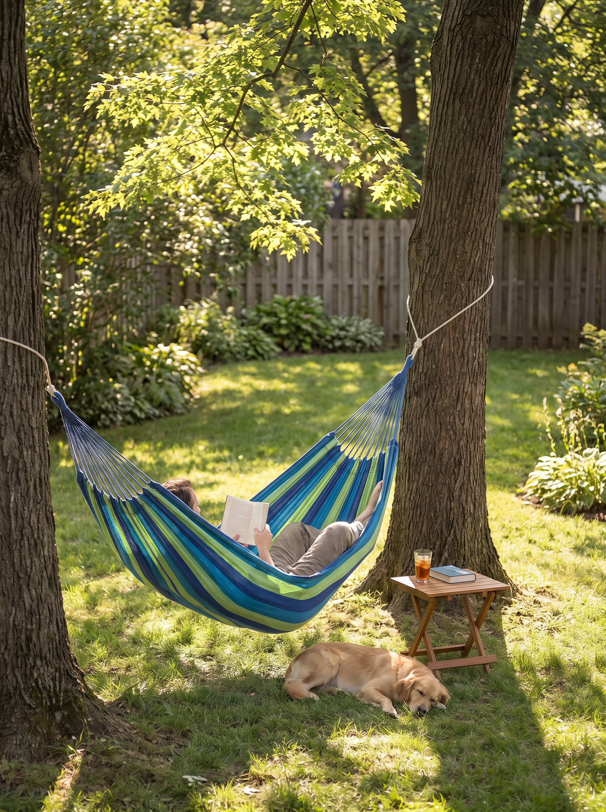 Canvas Hammock strung between trees in a garden