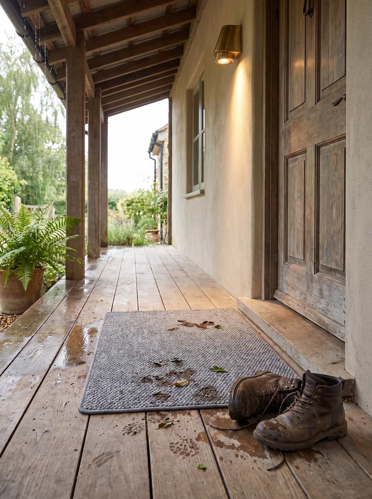 Faux Jute Outdoor Doormat on a covered porch
