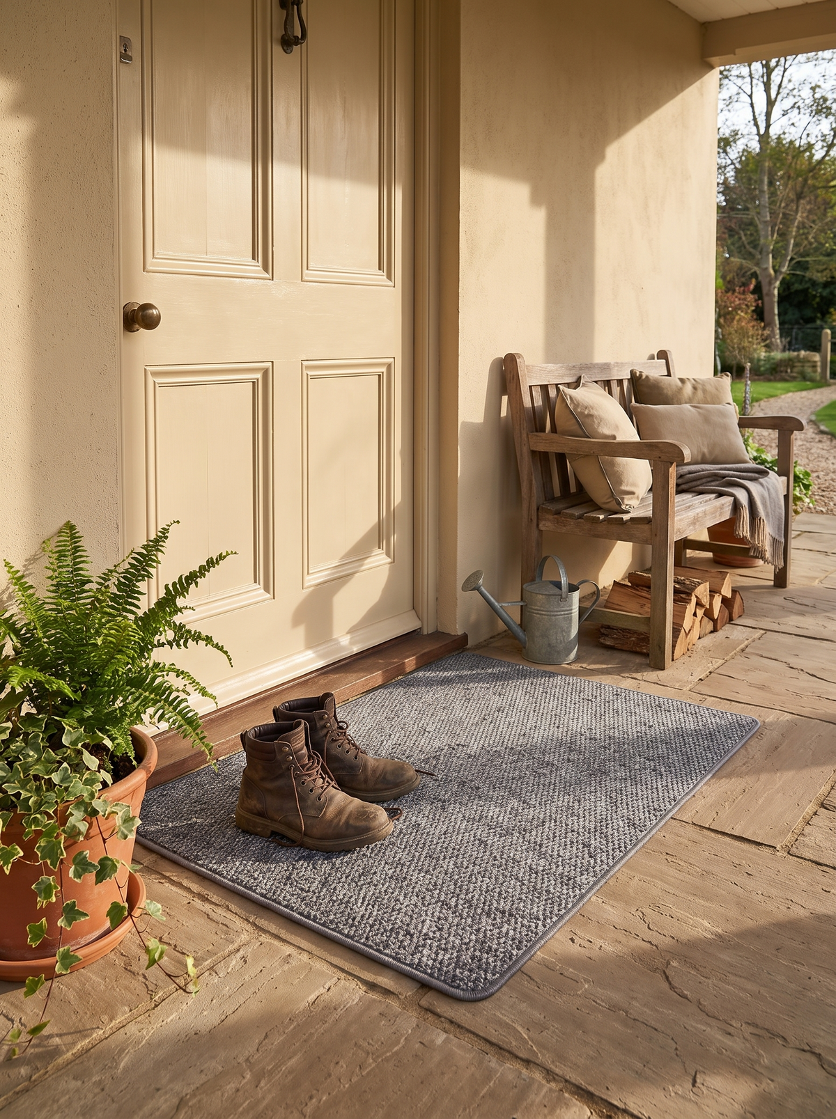 Faux Jute Outdoor Doormat finishing a front entrance
