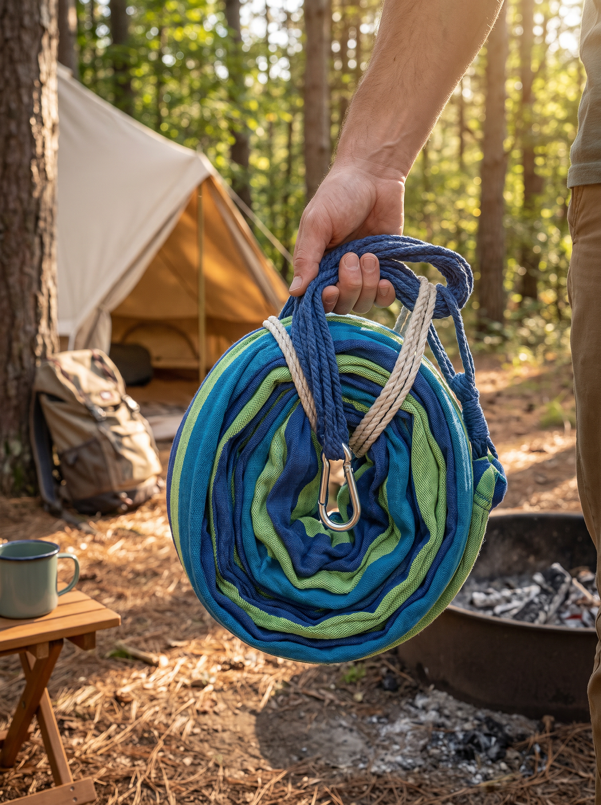 Canvas Hammock bundled up and carried at a campsite