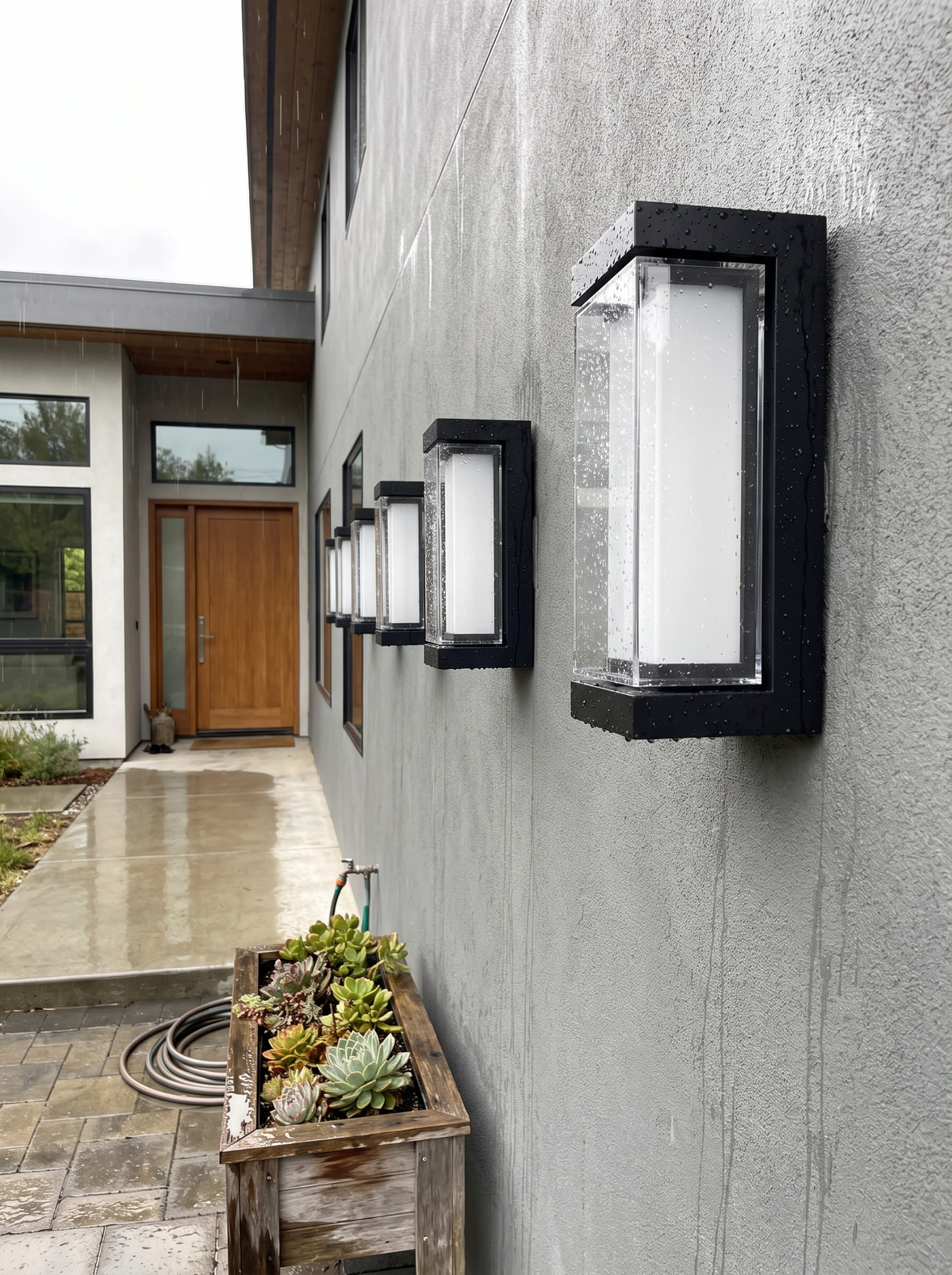 Contemporary LED Wall Light in a run along a house exterior