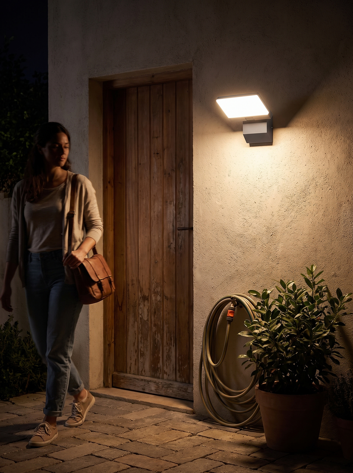LumiFold Outdoor Wall Light lighting a doorway at night