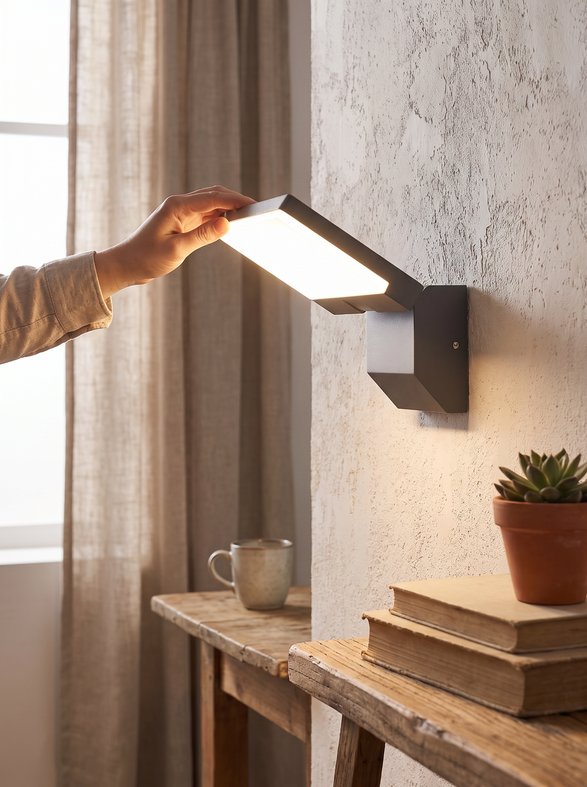 LumiFold Outdoor Wall Light head being folded to aim the beam