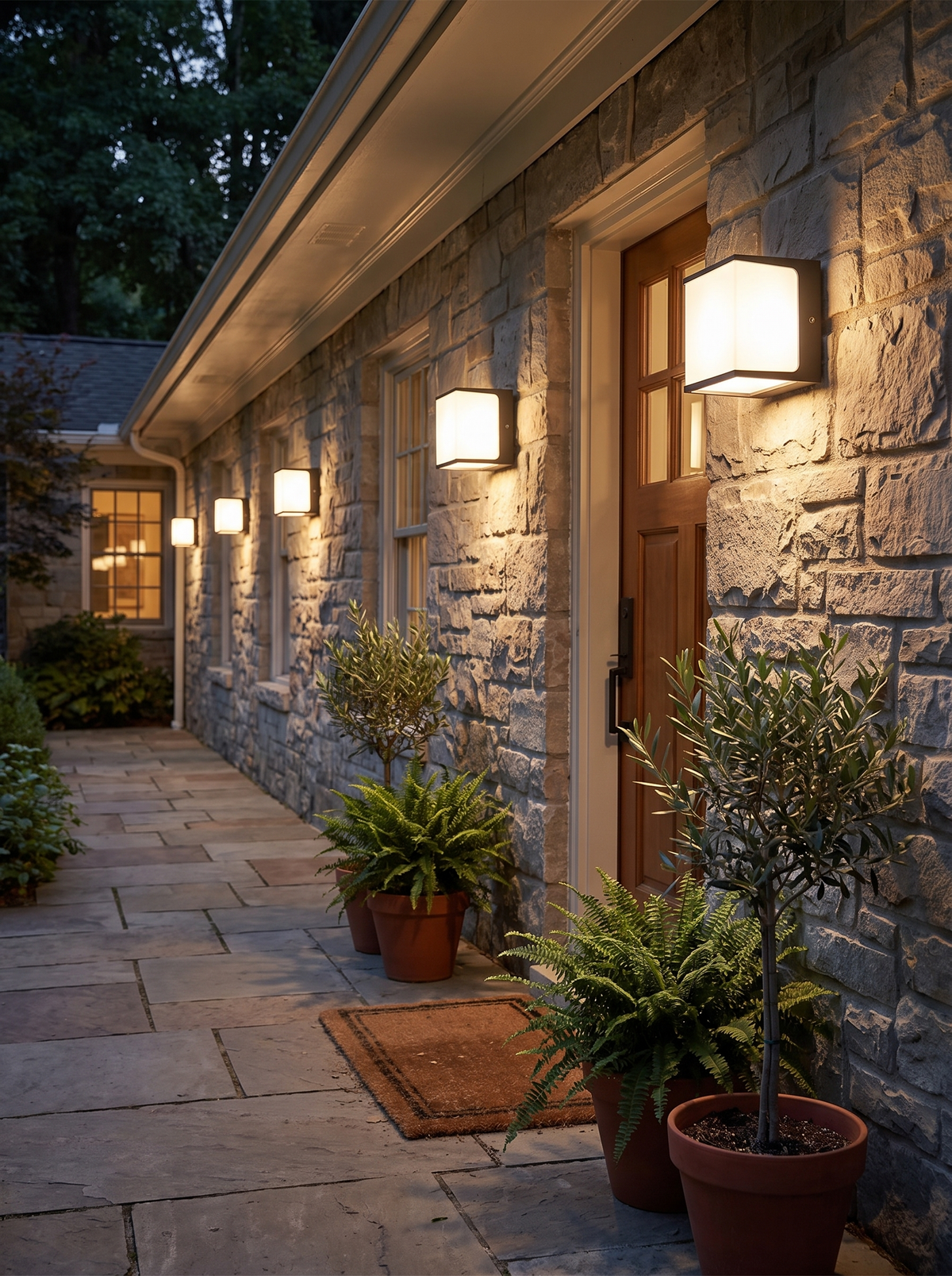 AeroCube Outdoor Wall Lights lighting an entry facade