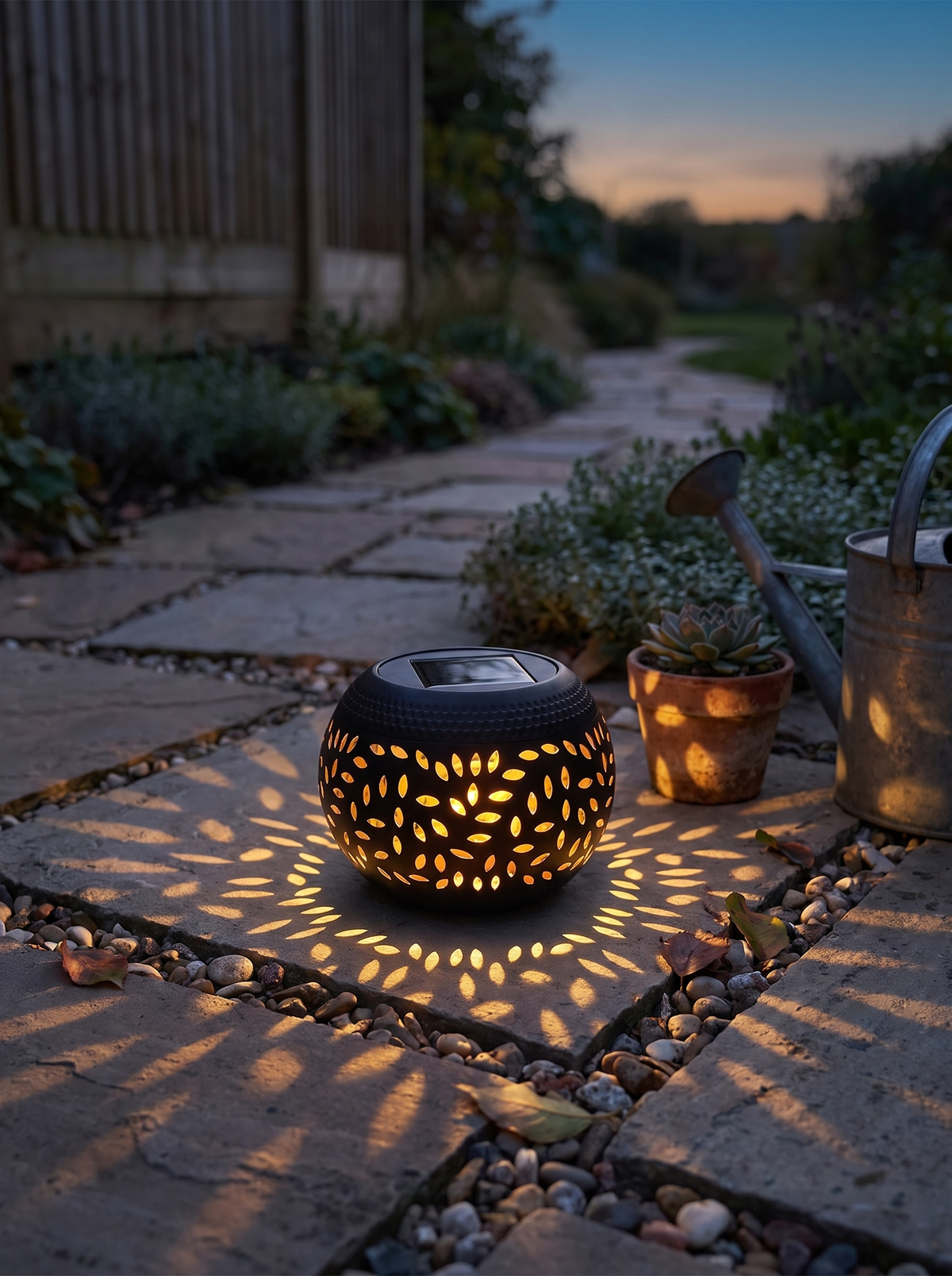 Lumopattern Solar Garden Light casting a pattern on paving