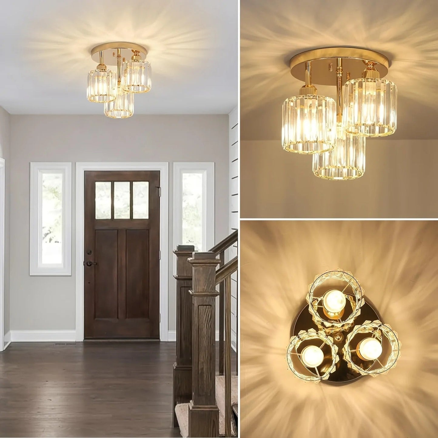 Luxurious Modern Gold Crystal Ceiling Light – 3-Light Semi-Flush Mount