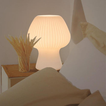 Vintage Bedside Table Lamp with Ribbed Glass Mushroom Shade